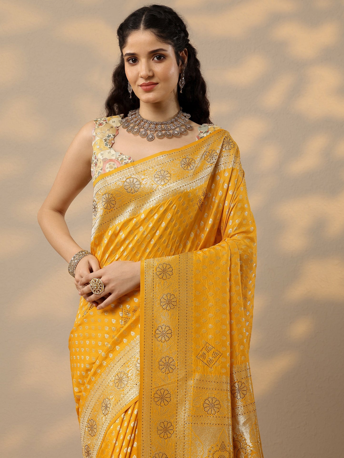 Yellow Woven Design Banarsi Silk Blend Saree With Unstitched Blouse Piece