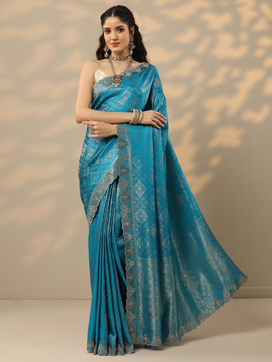 Blue Woven Design Banarasi Silk Blend Saree With Unstitched Blouse Piece