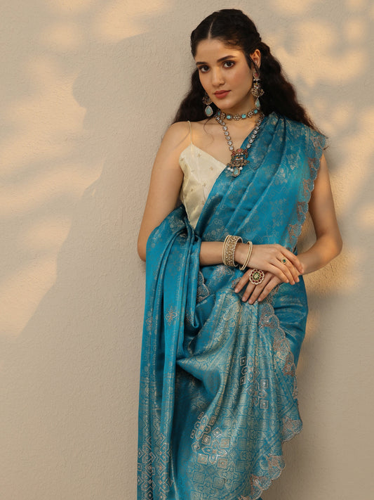 Blue Woven Design Banarasi Silk Blend Saree With Unstitched Blouse Piece