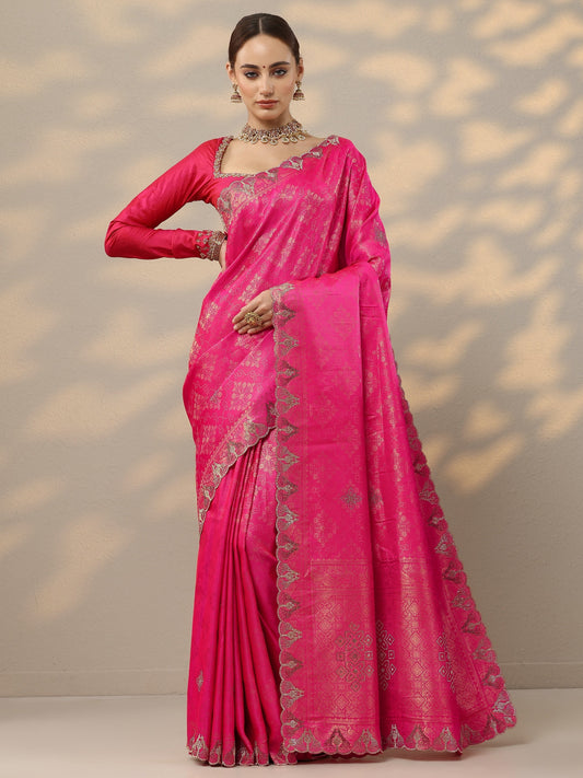 Pink Woven Design Banarasi Silk Blend Saree With Unstitched Blouse Piece