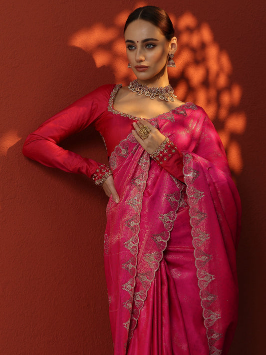 Pink Woven Design Banarasi Silk Blend Saree With Unstitched Blouse Piece