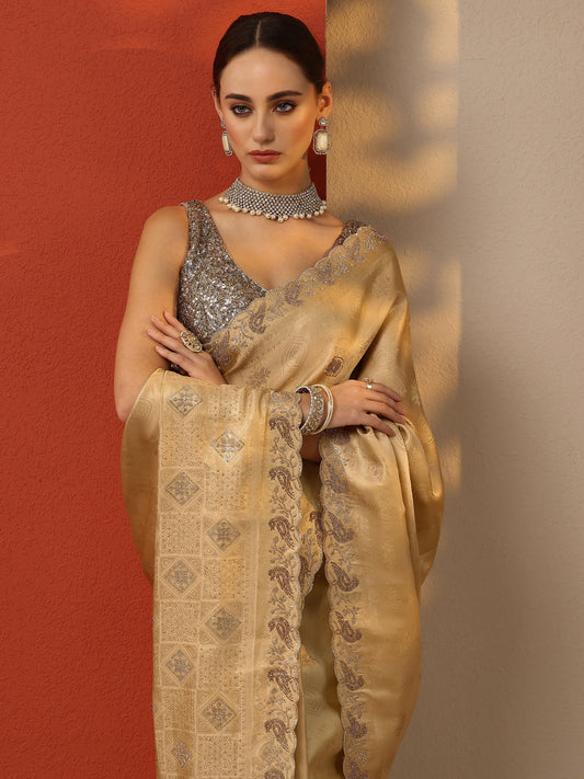 Gold Woven Design Banarasi Silk Blend Saree With Unstitched Blouse Piece