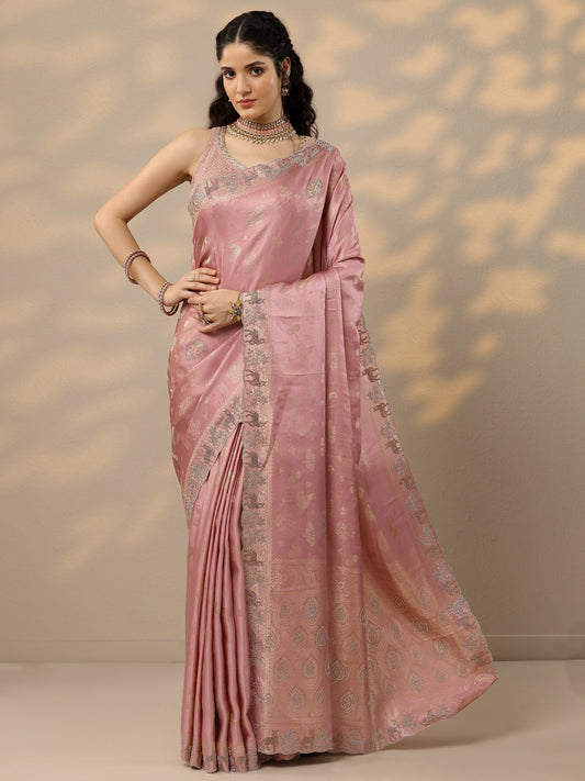 Pink Woven Design Banarasi Silk Blend Saree With Unstitched Blouse Piece