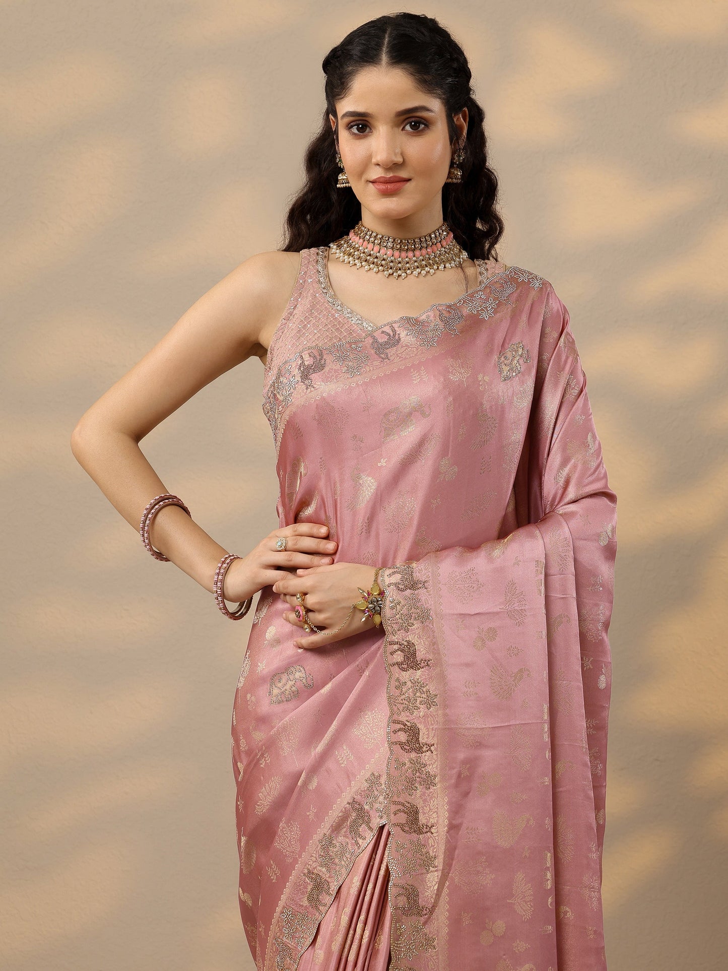 Pink Woven Design Banarasi Silk Blend Saree With Unstitched Blouse Piece