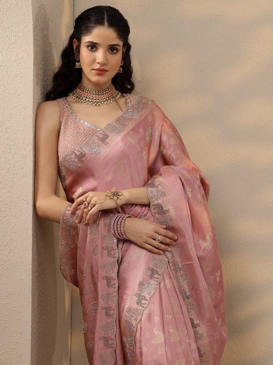 Pink Woven Design Banarasi Silk Blend Saree With Unstitched Blouse Piece