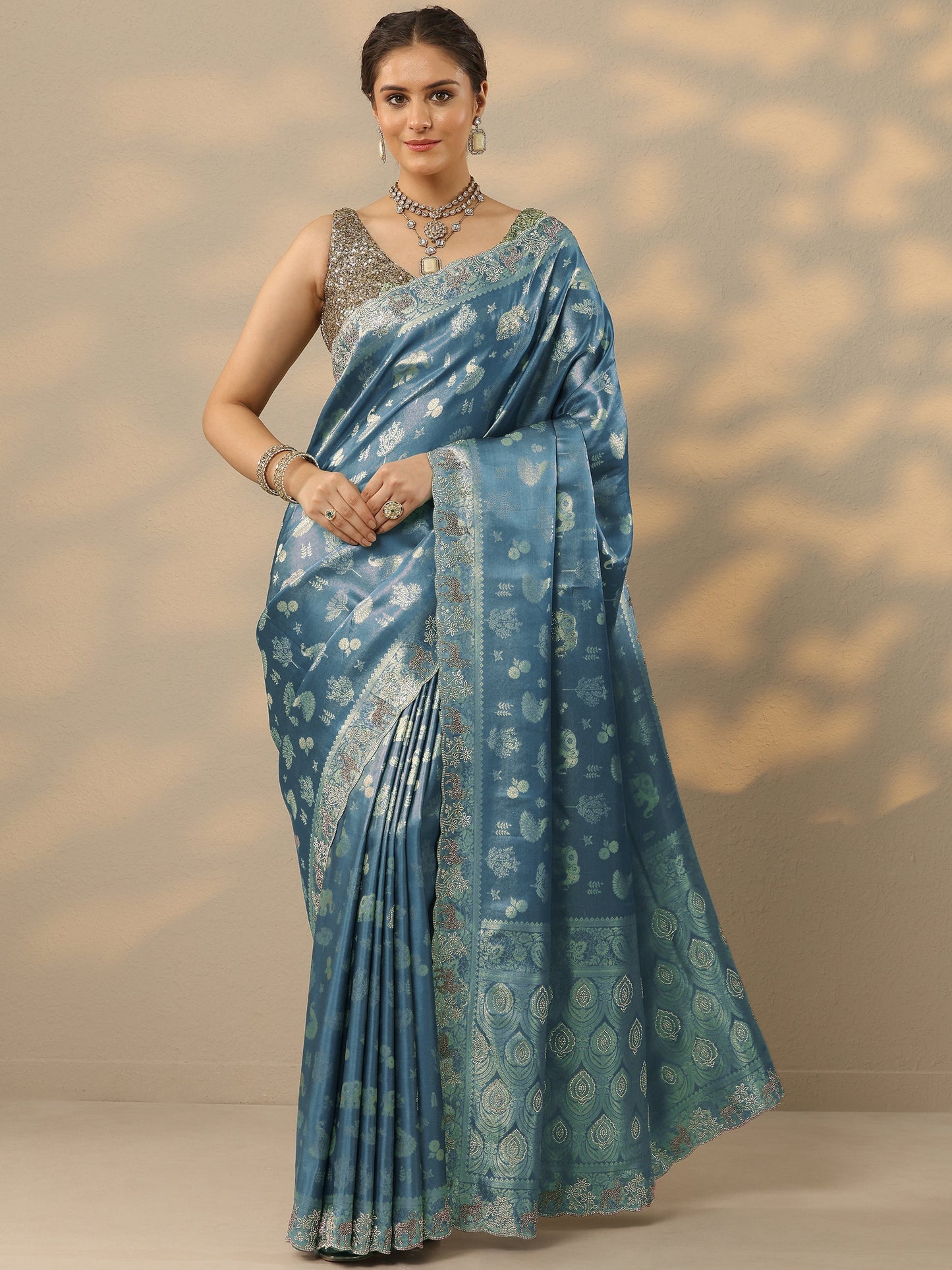 Blue Embellished Banarasi Silk Blend Saree With Unstitched Blouse Piece