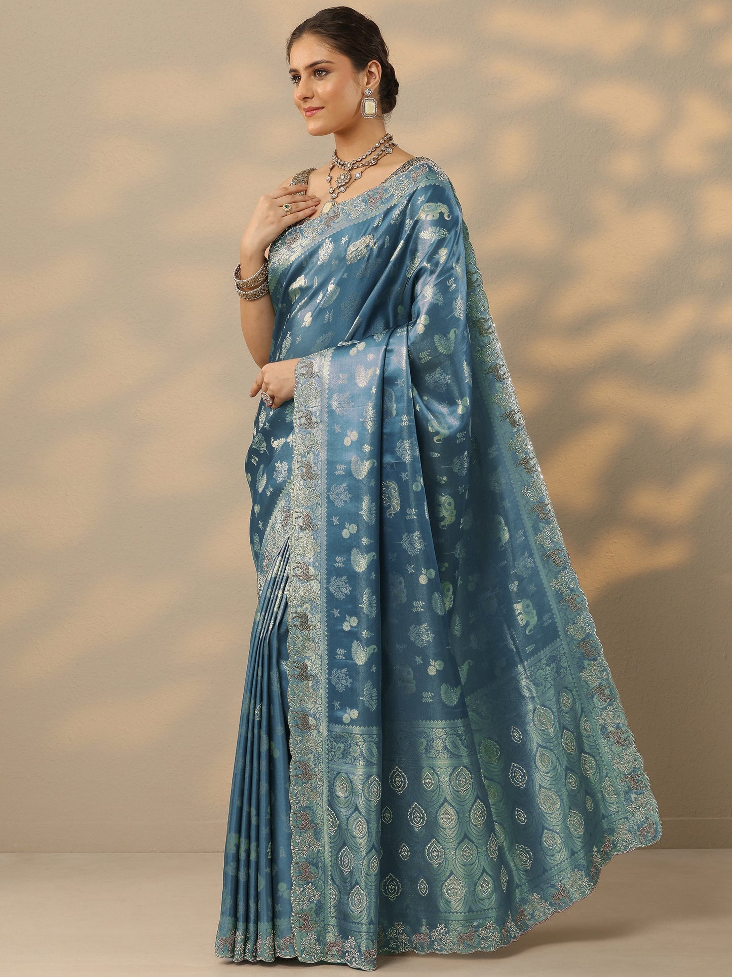 Blue Embellished Banarasi Silk Blend Saree With Unstitched Blouse Piece