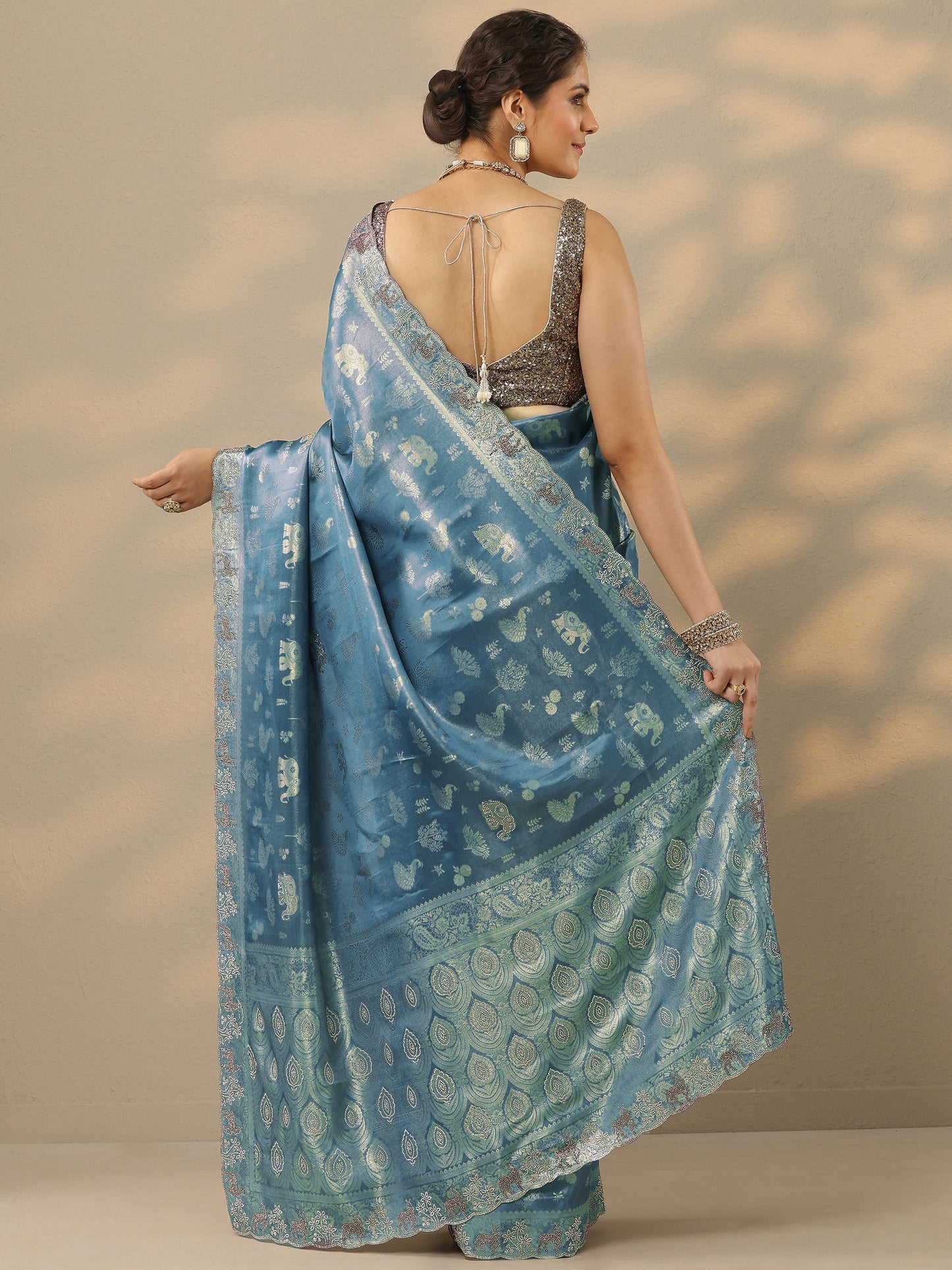 Blue Embellished Banarasi Silk Blend Saree With Unstitched Blouse Piece
