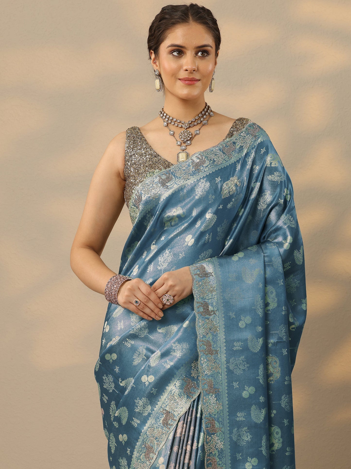 Blue Embellished Banarasi Silk Blend Saree With Unstitched Blouse Piece