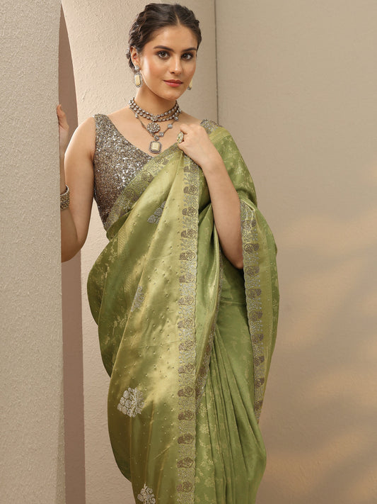 Green Embellished Banarasi Silk Blend Saree With Unstitched Blouse Piece