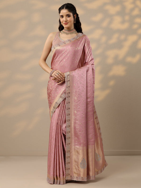 Pink Embellished Banarasi Silk Blend Saree With Unstitched Blouse Piece