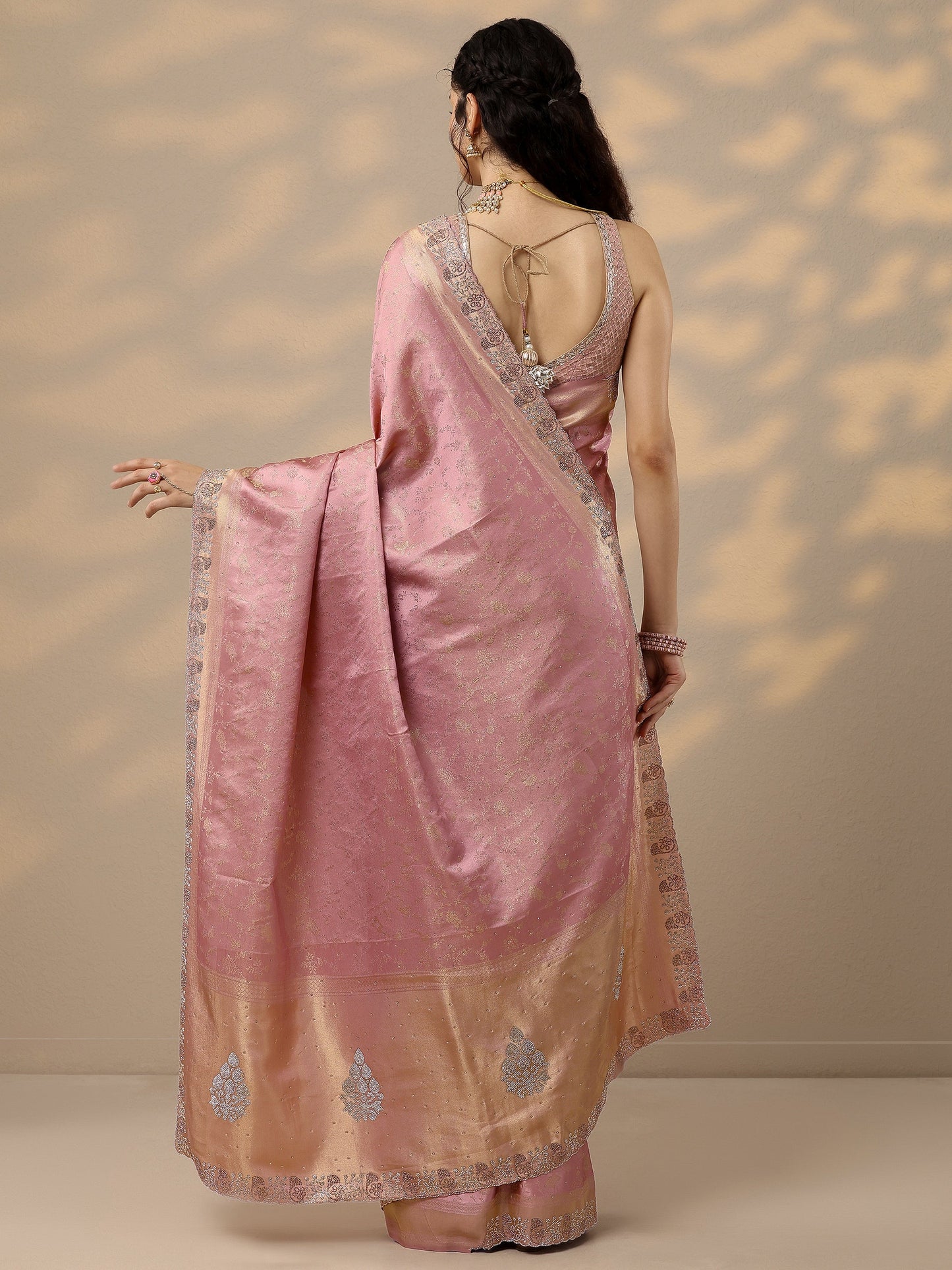 Pink Embellished Banarasi Silk Blend Saree With Unstitched Blouse Piece