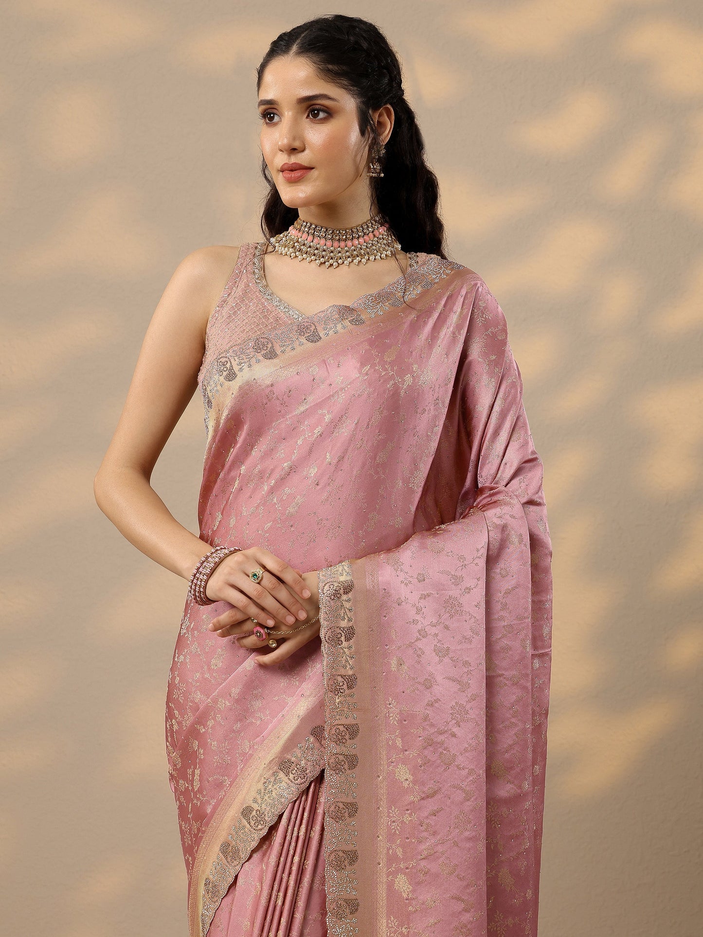 Pink Embellished Banarasi Silk Blend Saree With Unstitched Blouse Piece