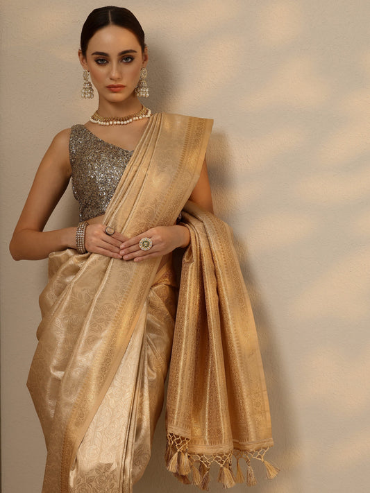 Gold Woven Design Banarasi Silk Blend Saree With Unstitched Blouse Piece