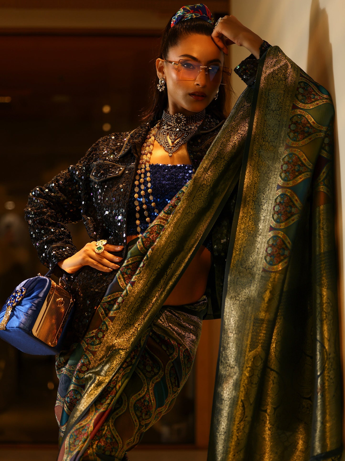 Multi Woven Design Banarasi Silk Blend Saree With Unstitched Blouse Piece