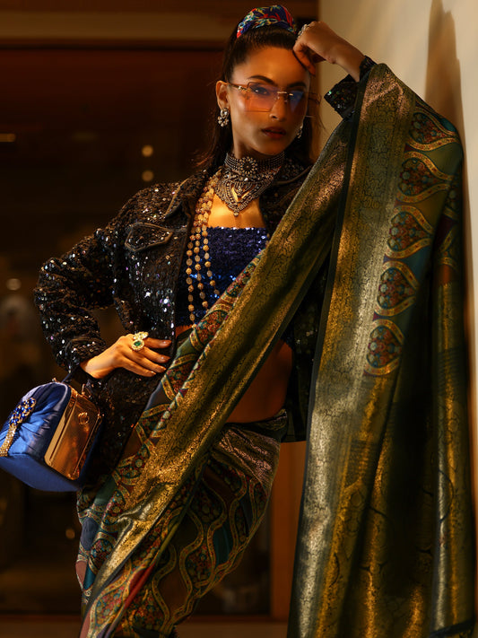 Multi Woven Design Banarasi Silk Blend Saree With Unstitched Blouse Piece