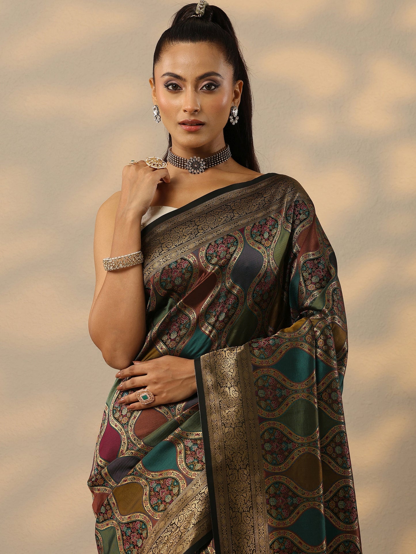 Multi Woven Design Banarasi Silk Blend Saree With Unstitched Blouse Piece