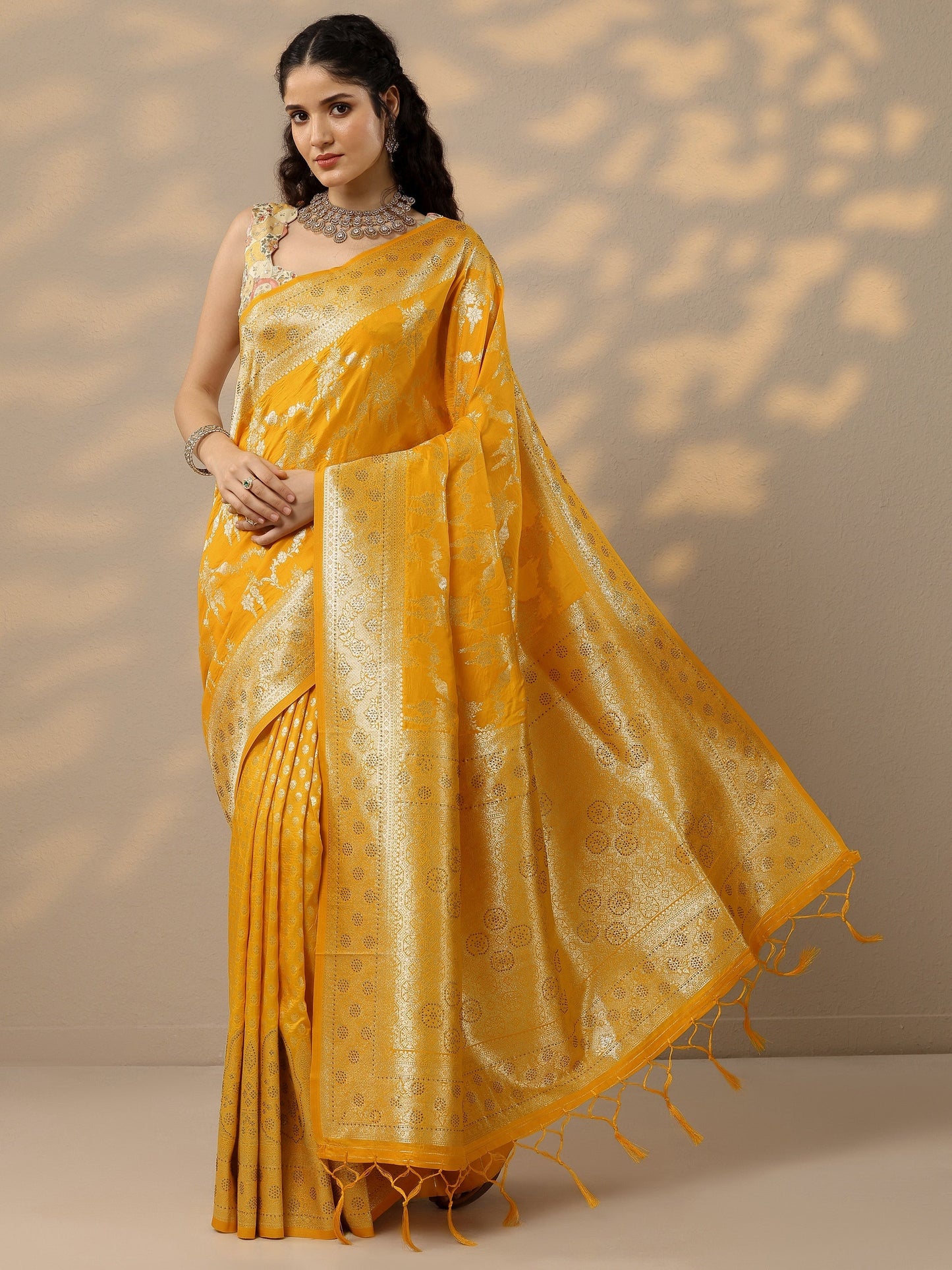 Mustard Woven Design Banarasi Silk Blend Saree With Unstitched Blouse Piece