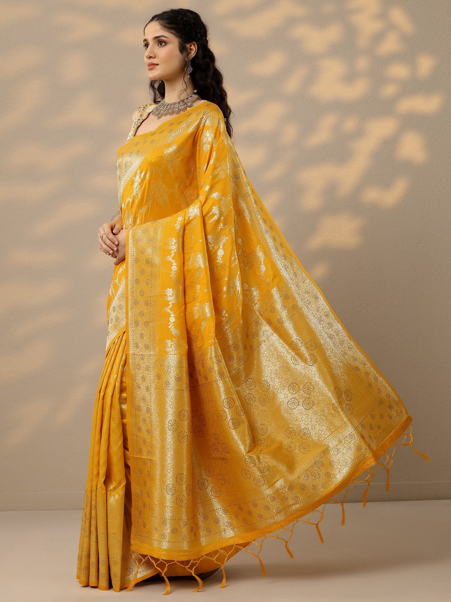 Mustard Woven Design Banarasi Silk Blend Saree With Unstitched Blouse Piece