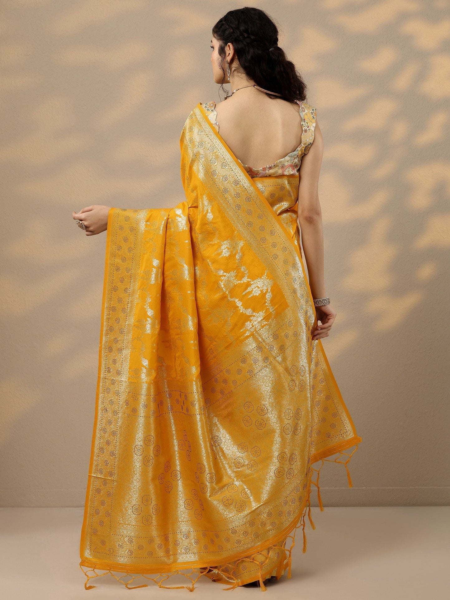 Mustard Woven Design Banarasi Silk Blend Saree With Unstitched Blouse Piece