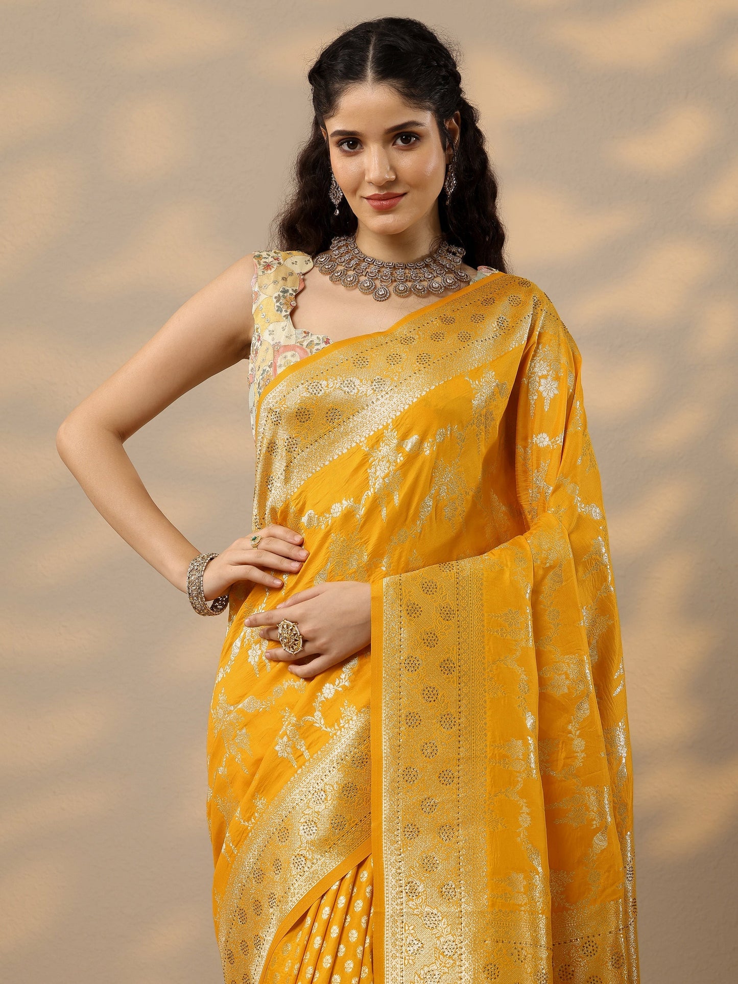 Mustard Woven Design Banarasi Silk Blend Saree With Unstitched Blouse Piece