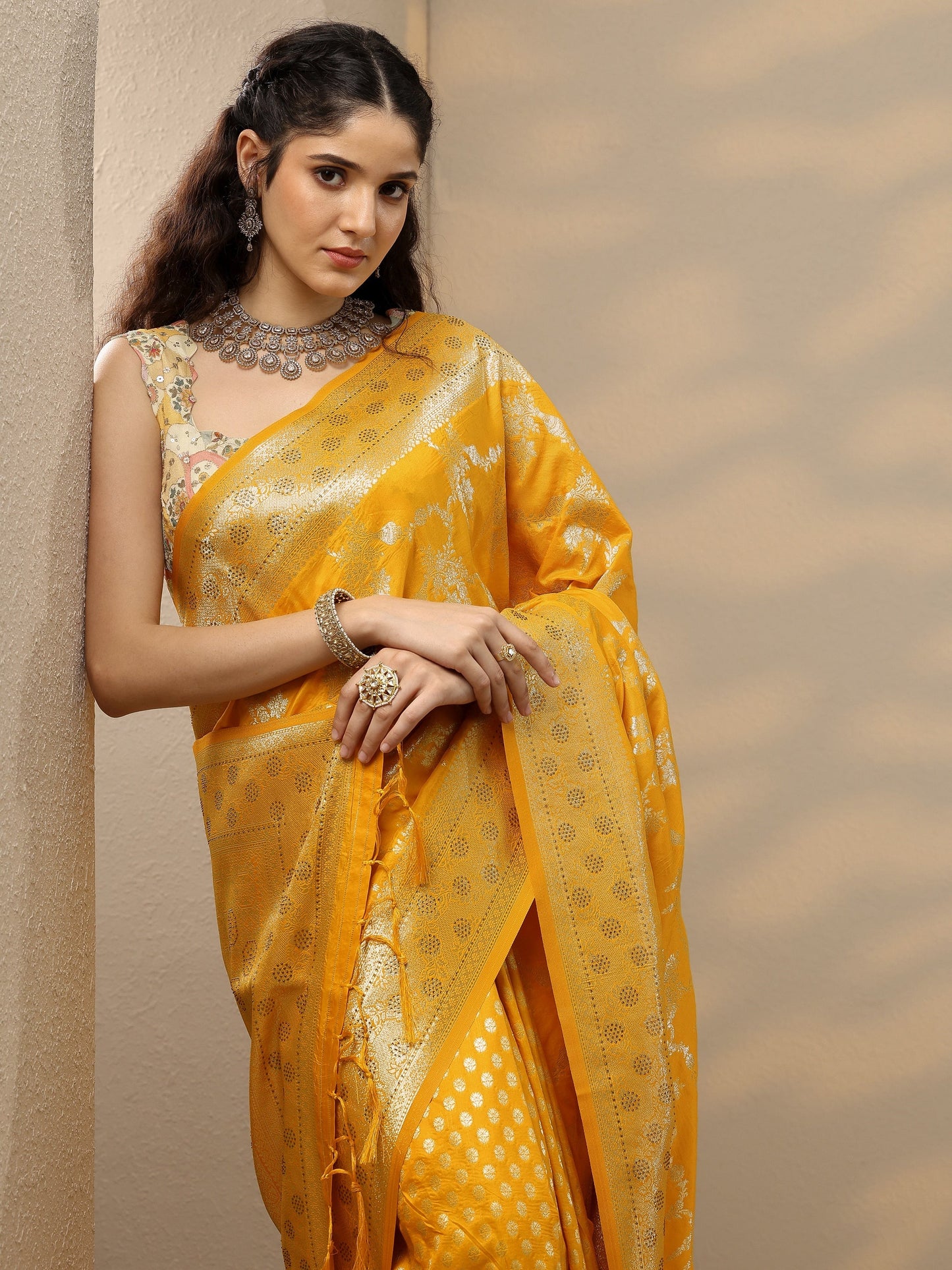 Mustard Woven Design Banarasi Silk Blend Saree With Unstitched Blouse Piece