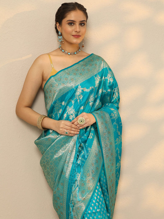 Blue Embellished Banarasi Silk Blend Saree With Unstitched Blouse Piece
