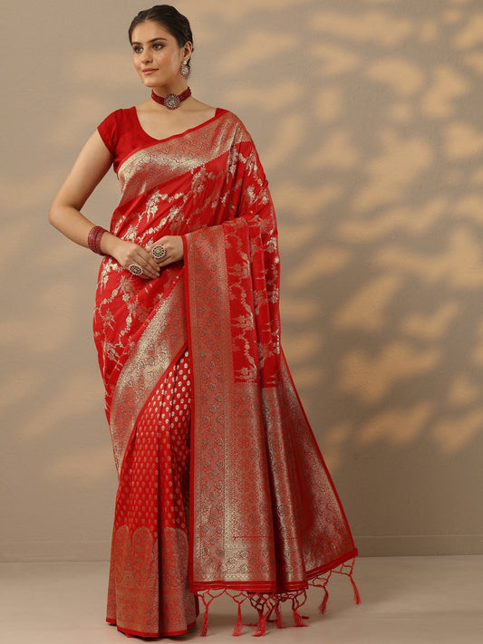 Red Embellished Banarasi Silk Blend Saree With Unstitched Blouse Piece
