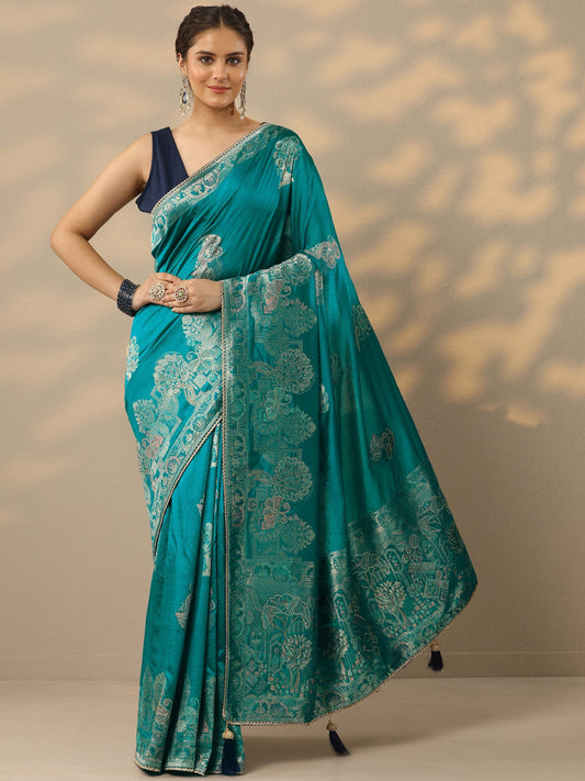 Green Embellished Banarasi Silk Blend Saree With Unstitched Blouse Piece