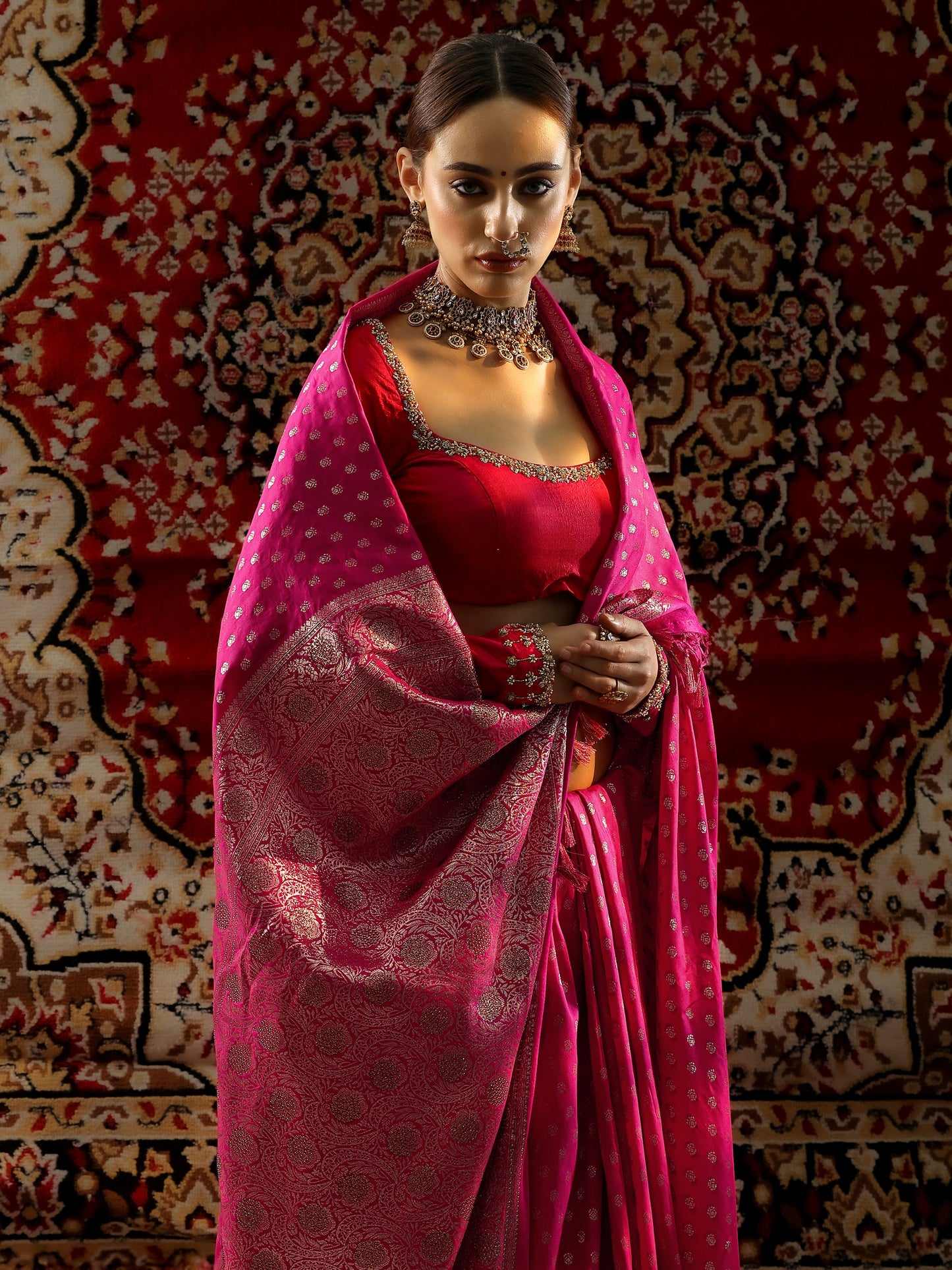 Pink Woven Design Banarasi Silk Blend Saree With Unstitched Blouse Piece