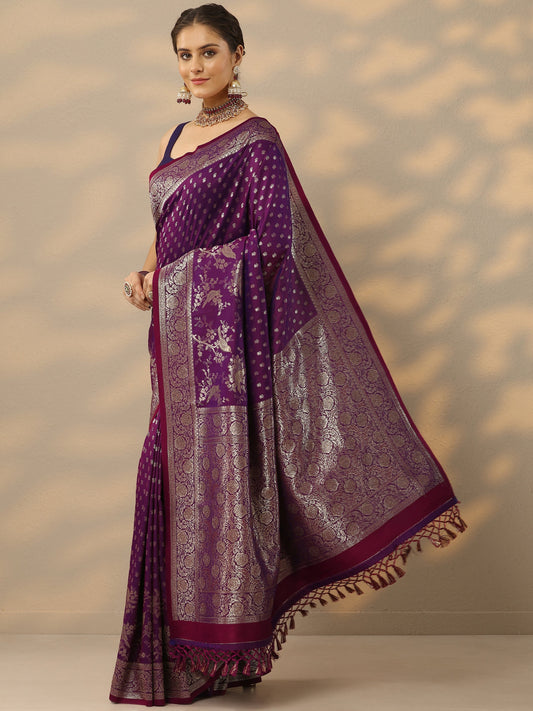 Purple Embellished Banarasi Silk Blend Saree With Unstitched Blouse Piece