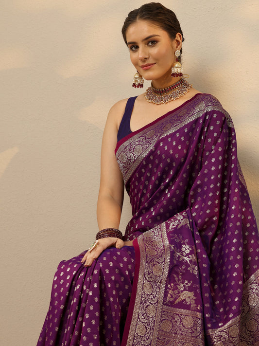 Purple Embellished Banarasi Silk Blend Saree With Unstitched Blouse Piece
