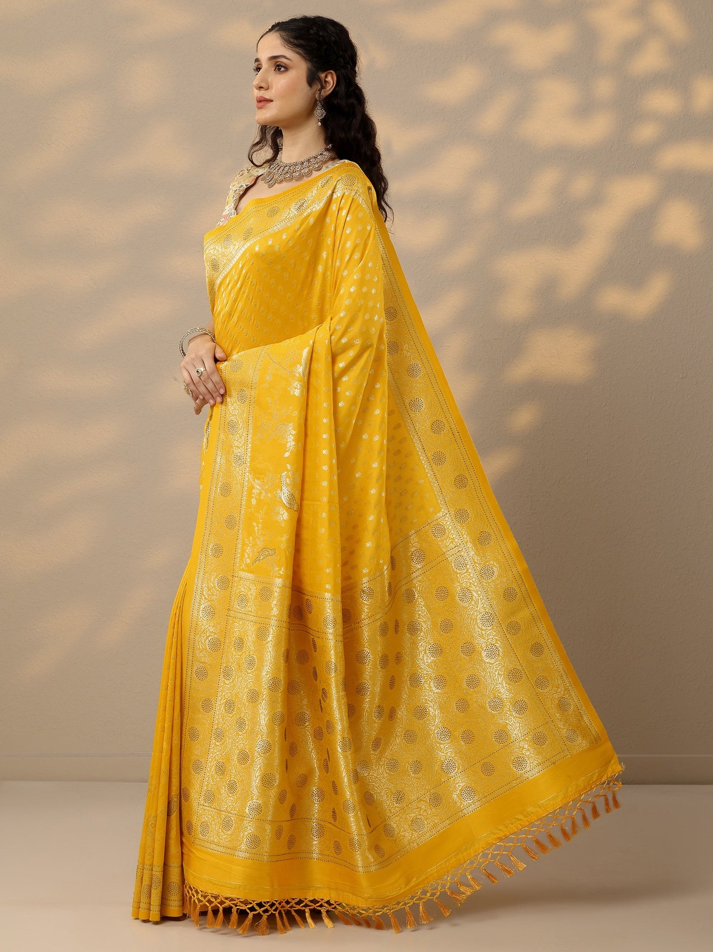 Yellow Woven Design Banarasi Silk Blend Saree With Unstitched Blouse Piece