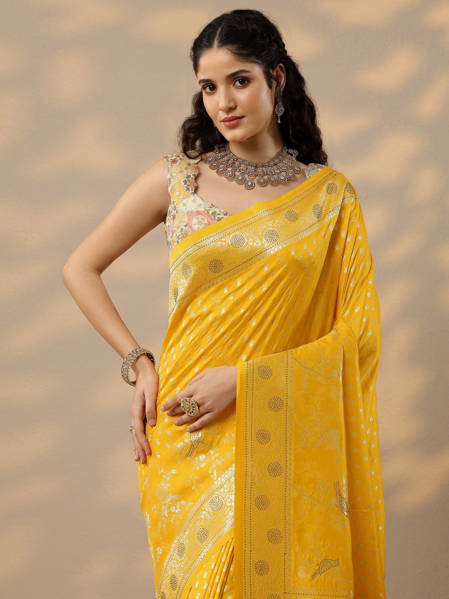Yellow Woven Design Banarasi Silk Blend Saree With Unstitched Blouse Piece
