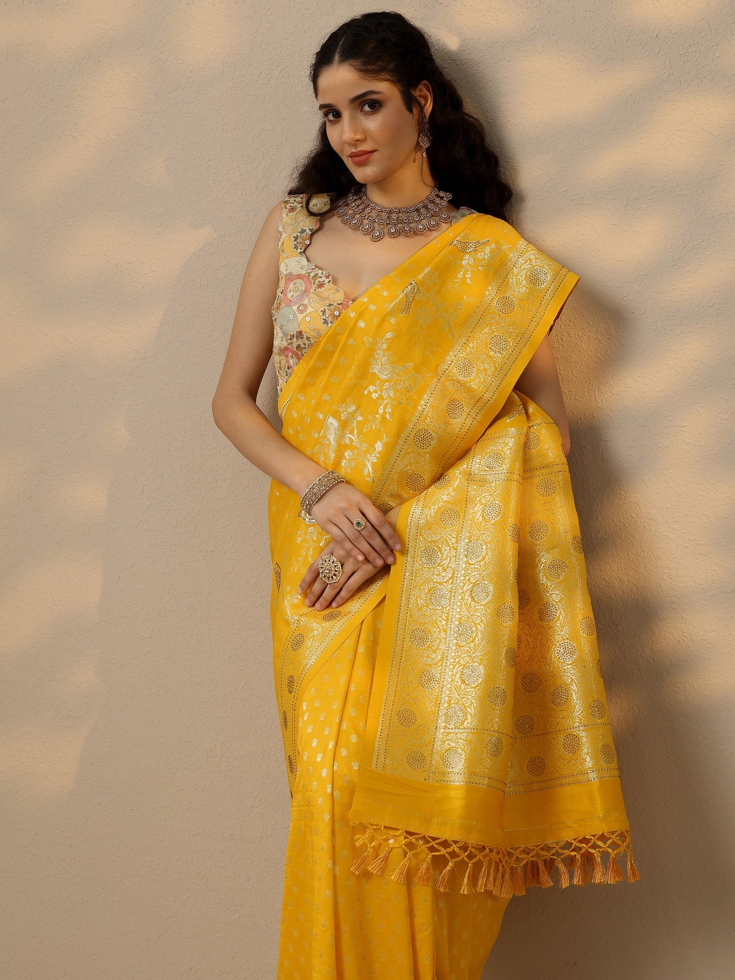 Yellow Woven Design Banarasi Silk Blend Saree With Unstitched Blouse Piece