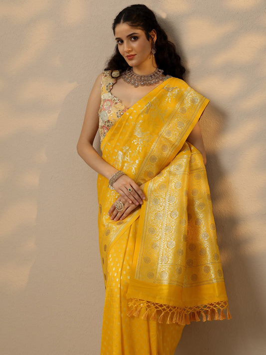 Yellow Woven Design Banarasi Silk Blend Saree With Unstitched Blouse Piece