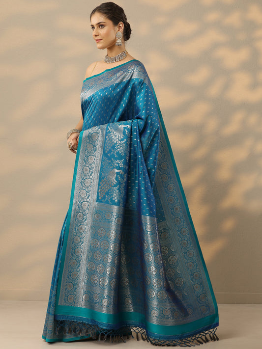 Blue Embellished Banarasi Silk Blend Saree With Unstitched Blouse Piece