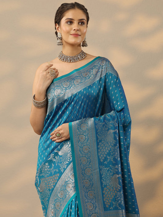 Blue Embellished Banarasi Silk Blend Saree With Unstitched Blouse Piece
