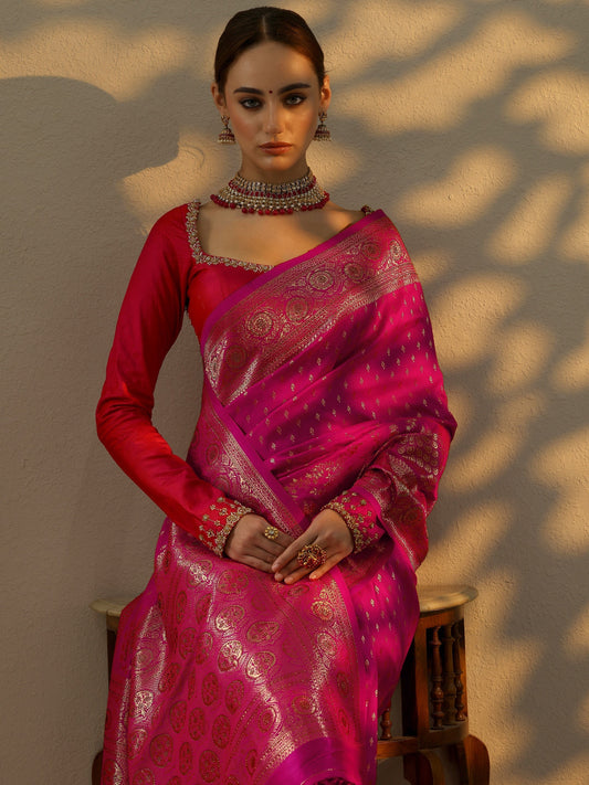 Pink Woven Design Banarasi Silk Blend Saree With Unstitched Blouse Piece