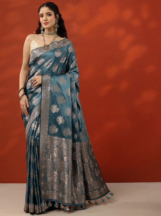 Blue Woven Design Banarasi Silk Blend Saree With Unstitched Blouse Piece