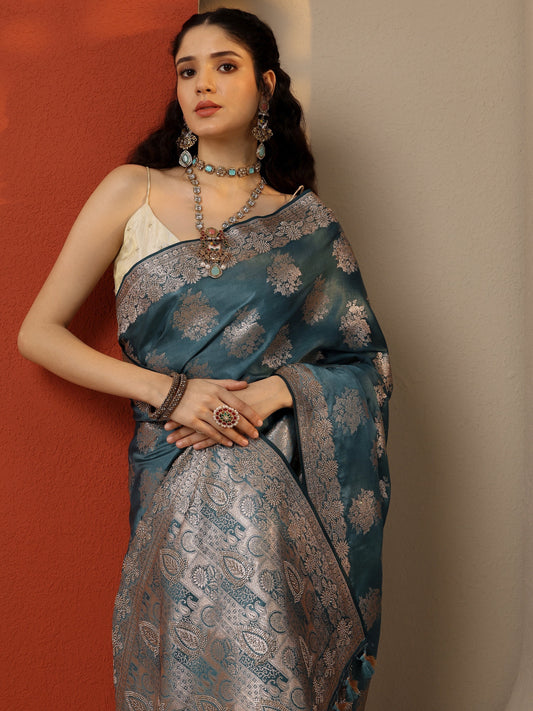 Blue Woven Design Banarasi Silk Blend Saree With Unstitched Blouse Piece