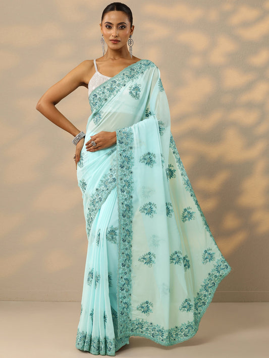 Blue Embroidered Georgette Saree With Unstitched Blouse Piece