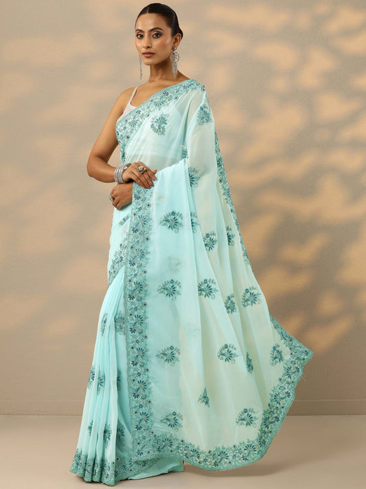 Blue Embroidered Georgette Saree With Unstitched Blouse Piece