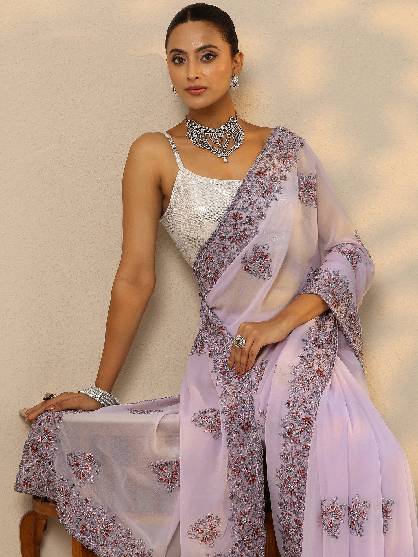 Lavender Embroidered Georgette Saree With Unstitched Blouse Piece