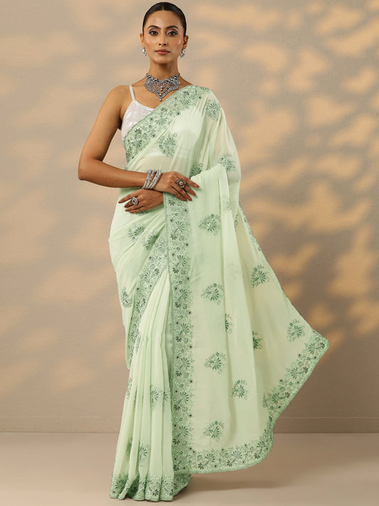 Green Embroidered Georgette Saree With Unstitched Blouse Piece