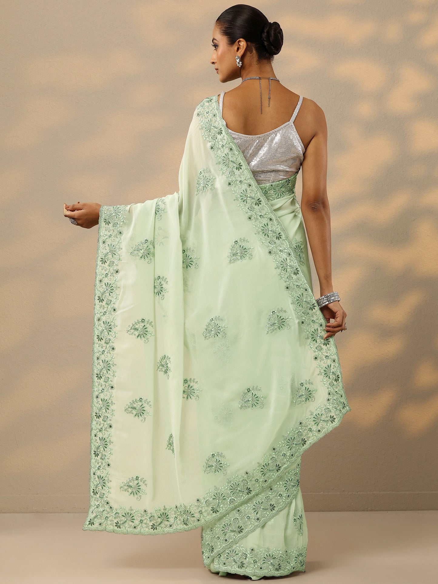 Green Embroidered Georgette Saree With Unstitched Blouse Piece