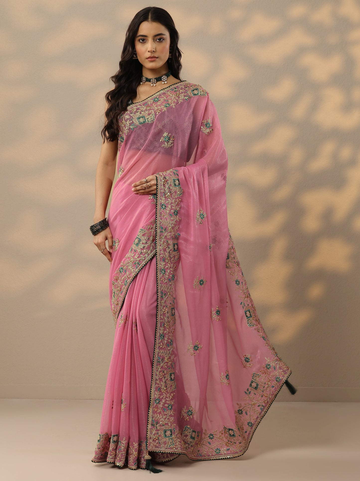 Pink Embroidered Chinon Saree With Unstitched Blouse Piece