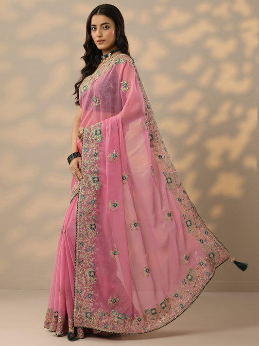 Pink Embroidered Chinon Saree With Unstitched Blouse Piece