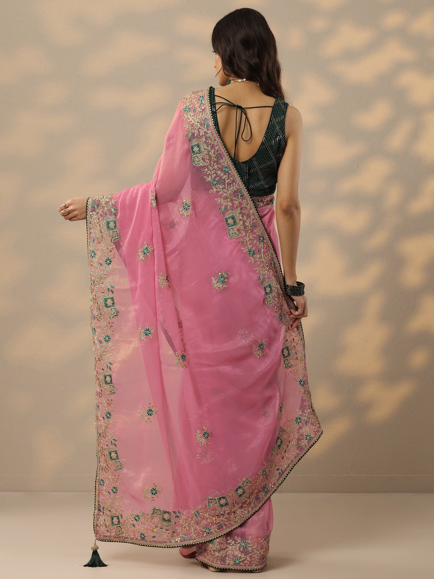 Pink Embroidered Chinon Saree With Unstitched Blouse Piece
