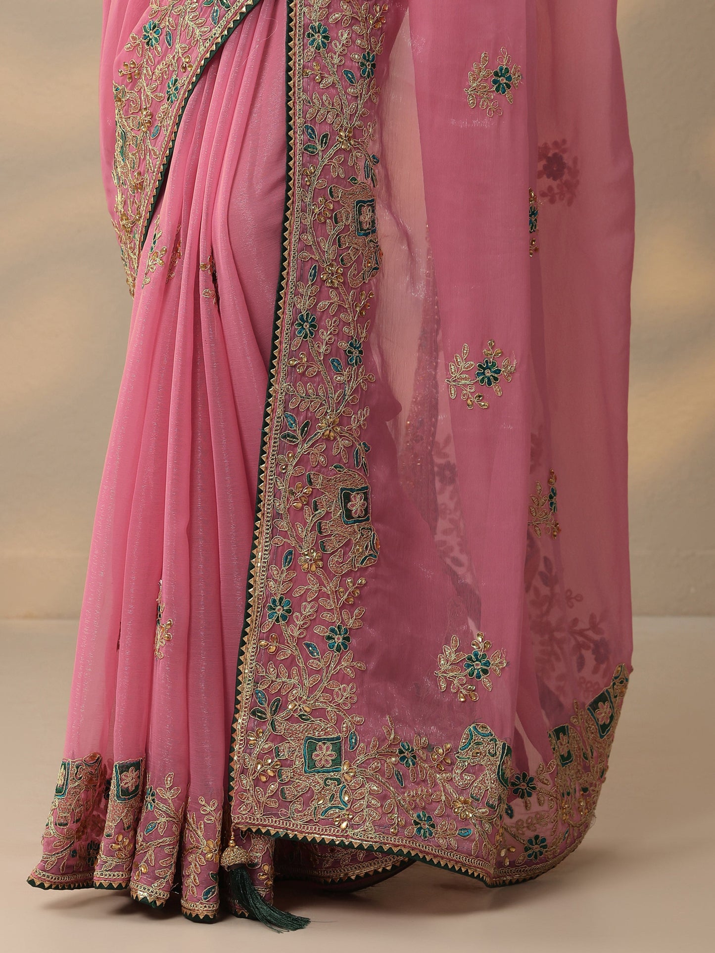Pink Embroidered Chinon Saree With Unstitched Blouse Piece